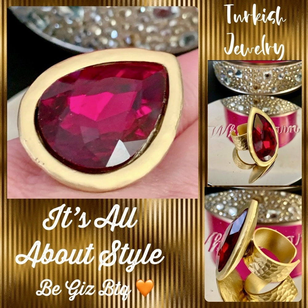 🆕Turkish Jewelry Ring Gold Bath Over Metal With Stunning Red Crystal Stone